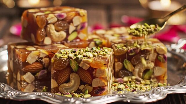 Traditional Middle Eastern Nut and Dried Fruit Halva Squares Served on Silver Platter