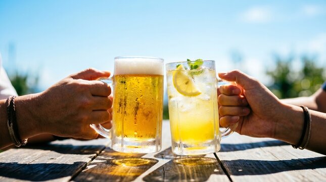 夏の強い光のなかで冷たいドリンクを持って乾杯する手元のクローズアップ