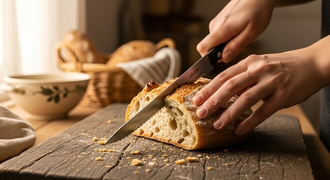Warm Rustic Hands Slicing Crusty Bread on Wooden Table in Cozy Kitchen