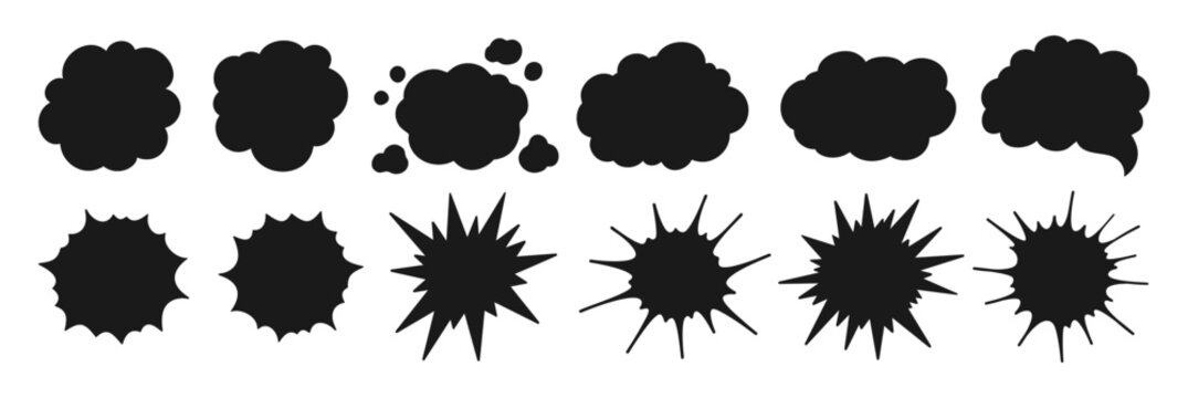 Comic speech bubble explosion burst and retro cloud of thought set. Cartoon boom bang blast effects, fire dynamite clouds, doodle speech bubbles, energy sparks and pop art stencil silhouettes Vector