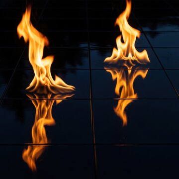 Flames Reflecting on Wet Tiles