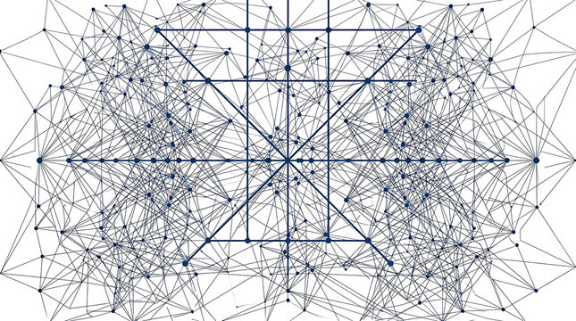 A complex network of intersecting lines and nodes forms a geometric pattern on a white background.