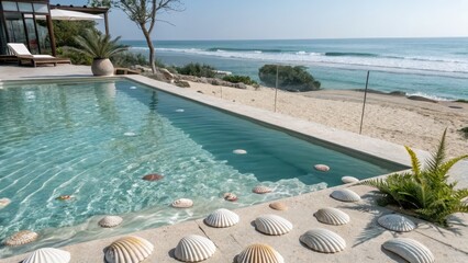 Obraz premium Poolside Tropical Beach with Decorative Shells and Ocean View