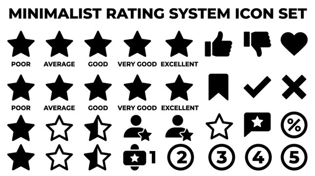 A set of minimalist rating system icons featuring various symbols for evaluation.