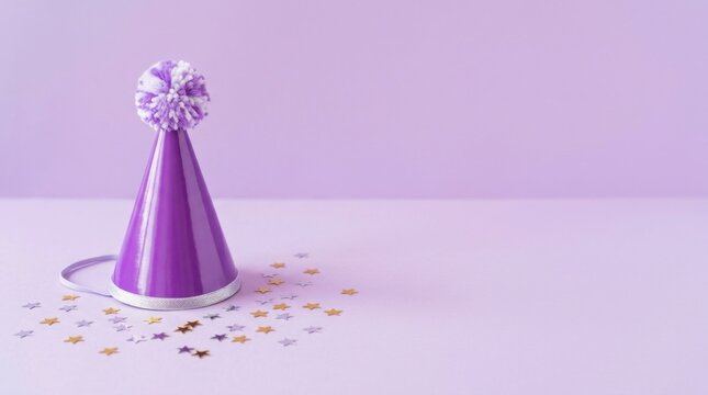Purple Party Hat with Pompom and Star Confetti on Pastel Violet Background with Copy Space