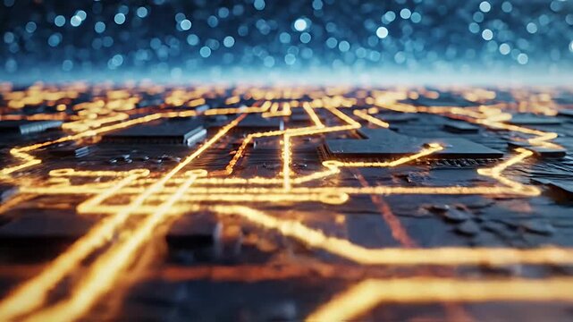 Abstract digital circuit board with glowing lines and technology elements