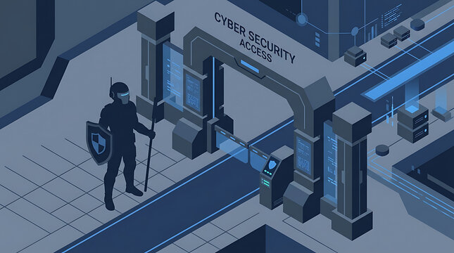 A person with a shield and sword stands near a futuristic cyber security access gate in a technology facility with various computer servers.