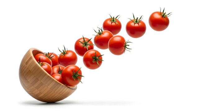 Fresh ripe cherry tomatoes flying from tilted wooden bowl isolated on white background food photography