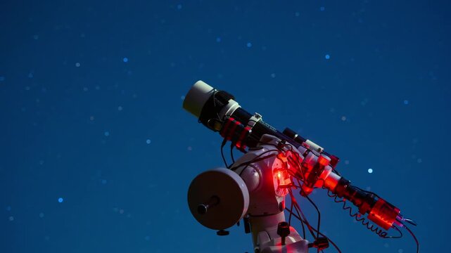 Astrophotography time lapse of a telescope mount tracking stars in the night sky, capturing the celestial rotation during deep space observation session