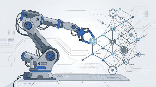 A robotic arm interacts with a molecular structure diagram on a digital interface in an industrial setting.