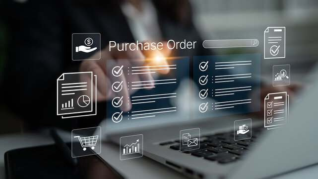 Digital Purchase Order Process with Businessman Working on Laptop and Virtual Interface Icons for Efficient Transactions and Management. Bitwise.