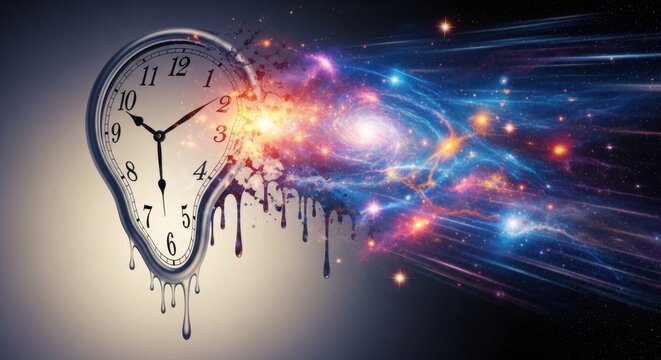 Melting Clock Flowing Into Cosmic Galaxy