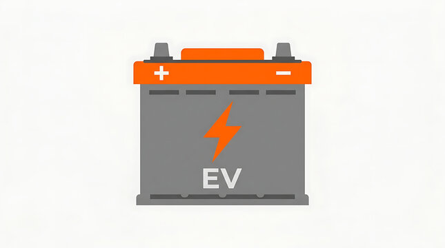 Electric vehicle battery with orange top and EV logo on gray body