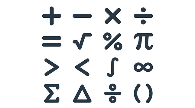 Mathematical symbols and signs arranged in rows on white background