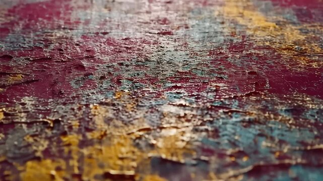 Close up abstract textured background with peeling paint in vibrant red, yellow, and teal colors