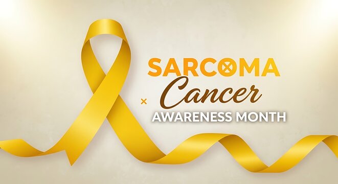 Yellow ribbon symbol for sarcoma cancer awareness month on light background with text