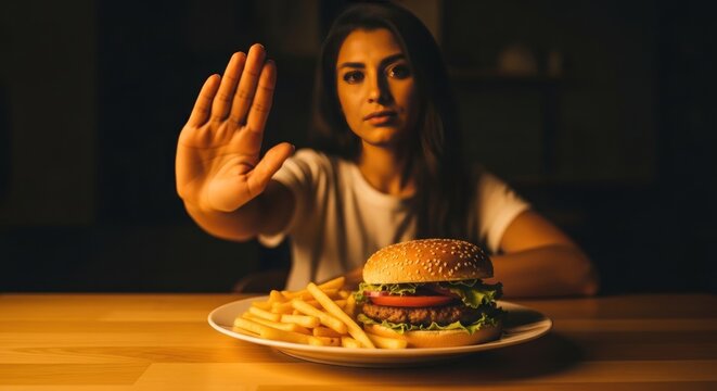 Woman refusing unhealthy fast food meal.