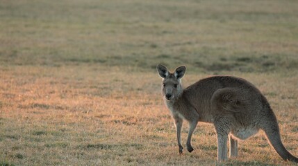 Wild Kangaroo Standing in Open Grassland During Golden Hour Sunset © blueringmedia