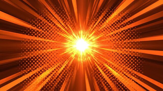 Dynamic Comic Style Burst with Orange Radial Speed Lines and Halftone Pattern ideal for action-themed motion graphics and video backgrounds.