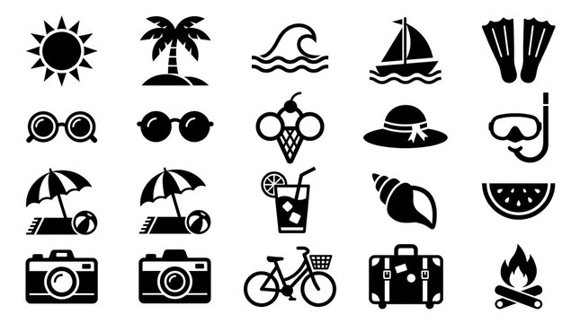 Black icons depict various summer vacation items on a white background with sun, palm tree, waves, sailboat, and beach accessories.