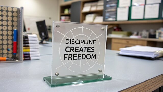 Glass plaque with 'Discipline Creates Freedom' quote on office desk