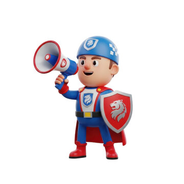 Cartoon superhero holding megaphone and shield