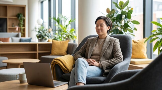 Employee taking mindful break in modern office