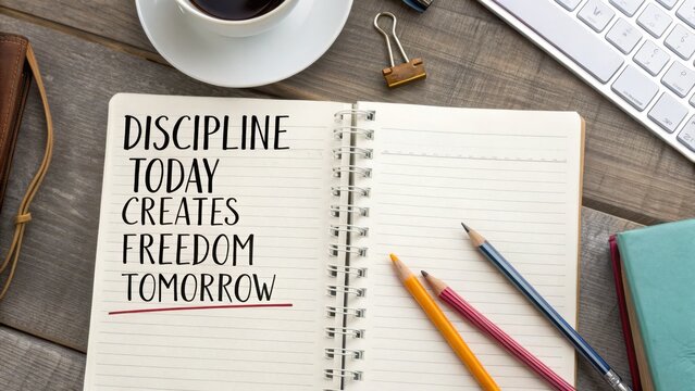 Notebook page with discipline quote and writing supplies