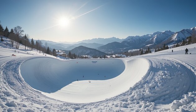 Snowy halfpipe sits prepared for winter sports enthusiasts amidst a mountain landscape.
