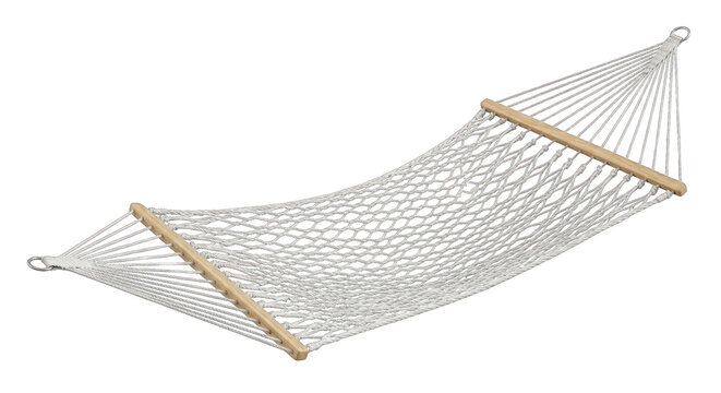 White Cotton Rope Hammock with Wooden Spreader Bars, Isolated on White Background