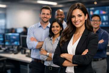 Obraz premium Confident female data analyst standing with diverse analytics team in modern technology office, data scientists and BI specialists, business intelligence, big data collaboration professional workplace