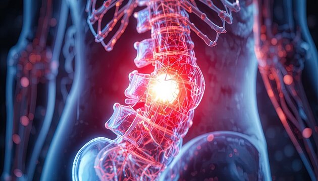 Human lumbar spine shows intense glowing pain in the lower back region.