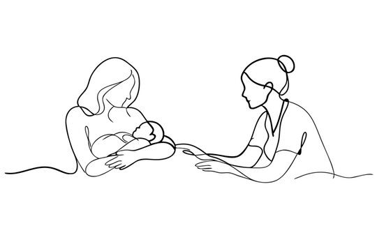 One line drawing of mother breastfeeding newborn with nurse, maternity care, lactation support and postpartum healthcare vector on transparent background