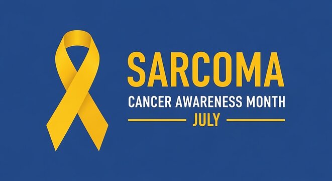 Yellow sarcoma cancer awareness ribbon with bold text for July awareness month on blue background
