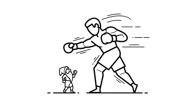 Giant Boxer Fights Tiny Gnome Warrior in Surreal Combat