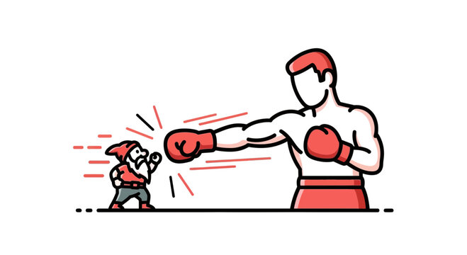 Giant Boxer Punches Tiny Gnome in Boxing Match - Concept of Mismatch and Underdog