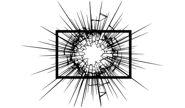 Vector broken glass crack texture with radial shattered screen silhouette grunge effect