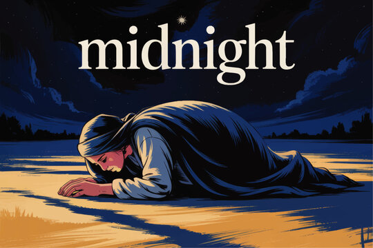 Midnight prayer illustration of woman prostrate on ground under dramatic night sky, religious devotion and solitude artwork