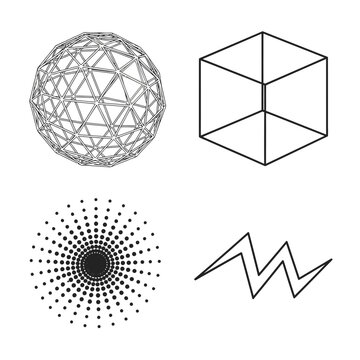 Set of abstract geometric wireframe and halftone design elements.