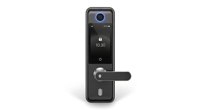 Smart door lock with fingerprint reader isolated on white background