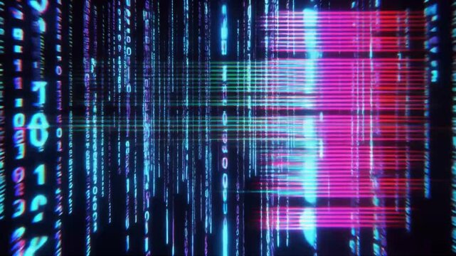 Abstract digital data stream with colorful binary code background
