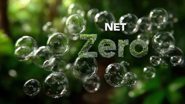 Net Zero concept with vibrant green mossy letters and water bubbles