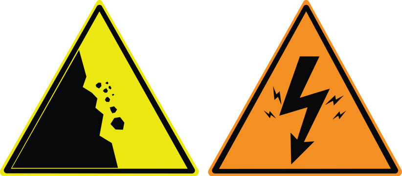 An illustrative set of safety warning signs, featuring a falling rock hazard sign and an electrical danger sign, for general cautionary awareness