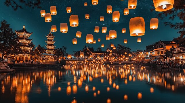 Aerial Night Lantern Festival Over a Calm Waterway with Floating Lanterns