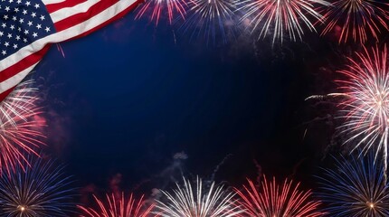 Obraz premium Colorful fireworks display with American flag in patriotic celebration scene