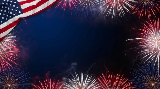 Colorful fireworks display with American flag in patriotic celebration scene