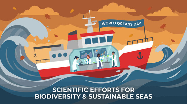 World Oceans Day Marine Research Ship Vector Illustration