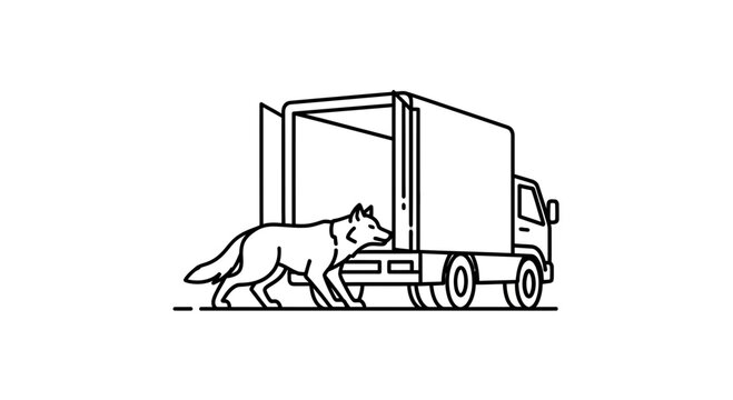 Wolf entering a delivery truck, concept of animal transport or unexpected cargo