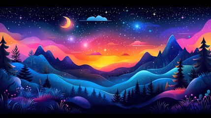 Fototapeta premium Dreamlike Mountain Sunset Panorama with Crescent Moon, Starry Sky, and Misty Pines