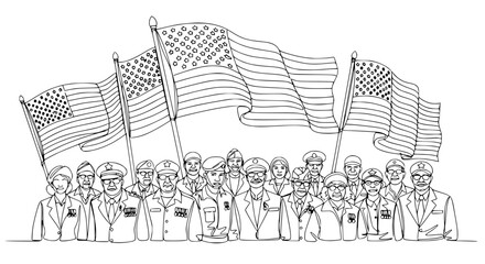 Fototapeta premium Diverse Group of American Veterans with US Flags, United States Patriotism